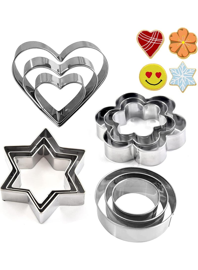 مجموعة قوالب تقطيع البسكويت، 12 قالبًا، قوالب تقطيع بسكويت من الفولاذ المقاوم للصدأ، قوالب تقطيع بسكويت دائرية، على شكل قلب، نجمة، وزهور، مناسبة للبسكويت والفوندان.